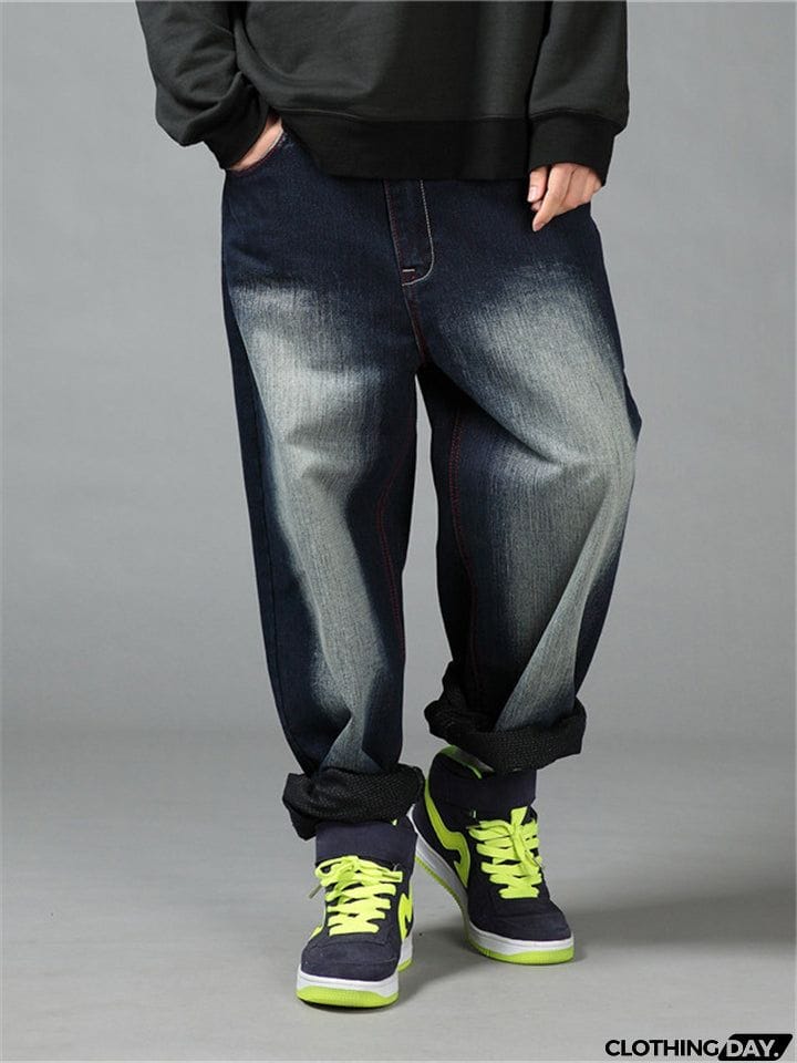 Loose-Fit Faded Effect Classic Pocket Wide-Leg Full-Length Jeans