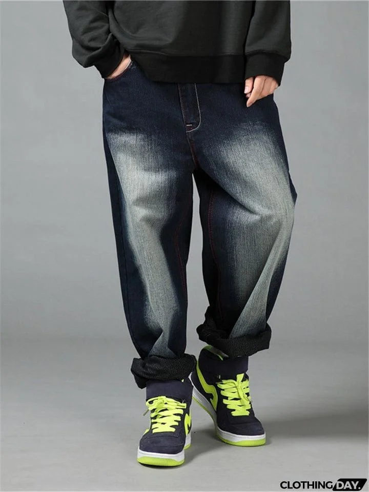 Loose-Fit Faded Effect Classic Pocket Wide-Leg Full-Length Jeans