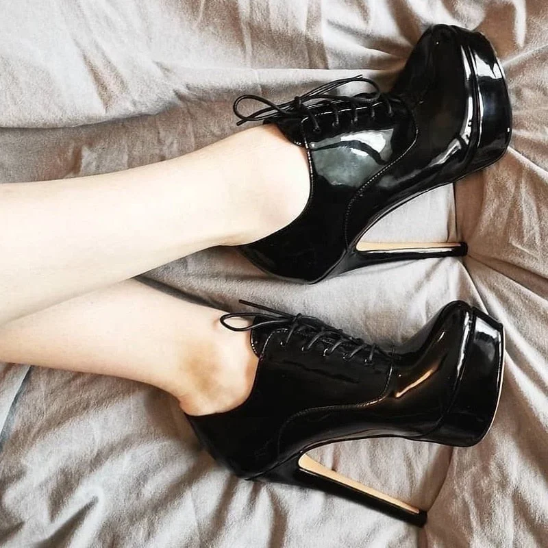 Onlymaker Women's Black Red Platform Ankle Boots High Heels Lace Up Patent leather Stiletto Sexy Lady Fashion Sexy Booties