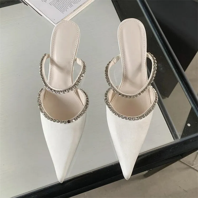 Crystal Thin Heel Pointed Toe Mules Slippers for Women Street Style Fashion