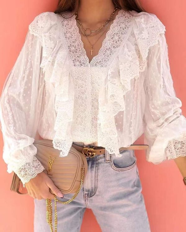 Lace V-Neck Panel Ruffle Shirt Top