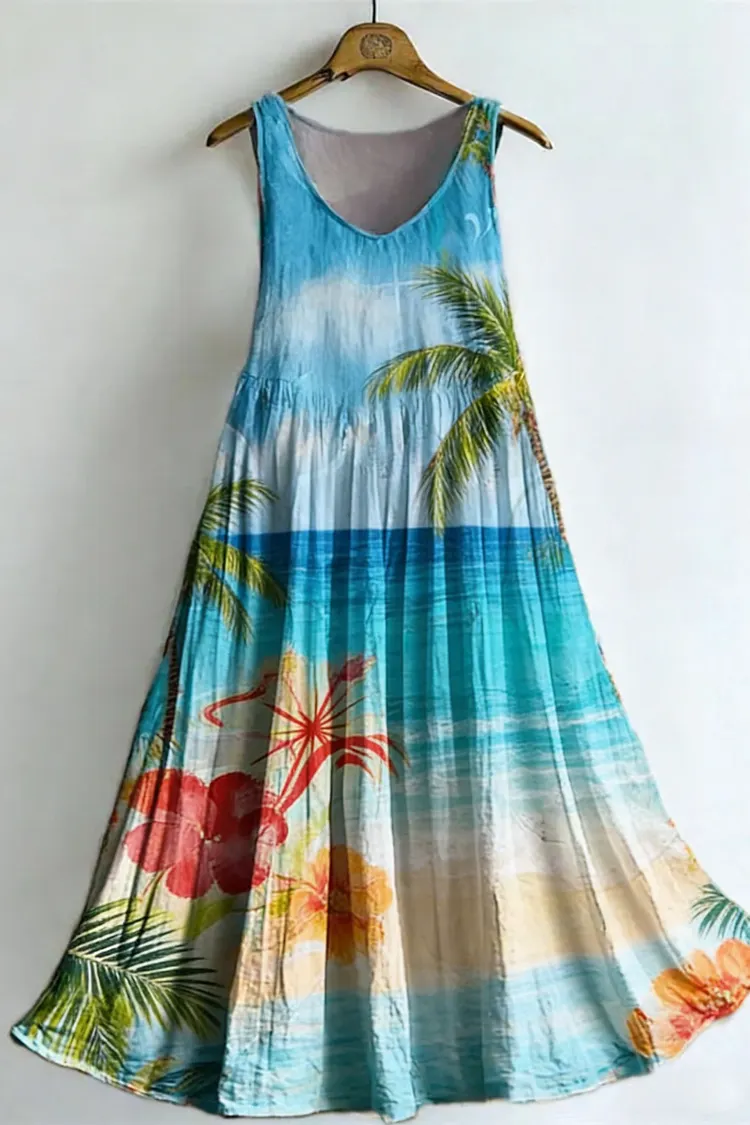 Women's Summer Holiday Print Sleeveless Cotton Dress