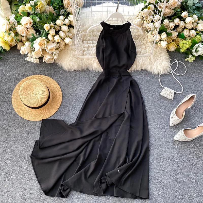 Fitaylor Sexy Halter Sleeveless Bohemian Dress Summer Women Elegant Off Shoulder Split Dresses Vintage A-line Beach Dress