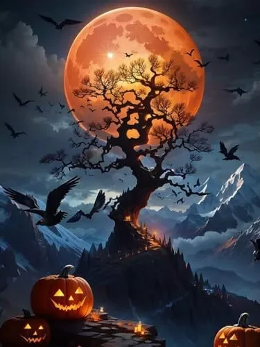 Halloween Night Tree 40*60CM(Canvas) Full Round Drill Diamond Painting gbfke