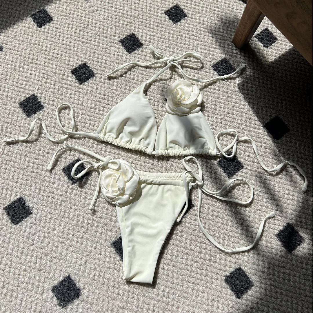 Brownm 2024 European New Solid-Color Rose Drawstring Split Swimsuit Bikini9187