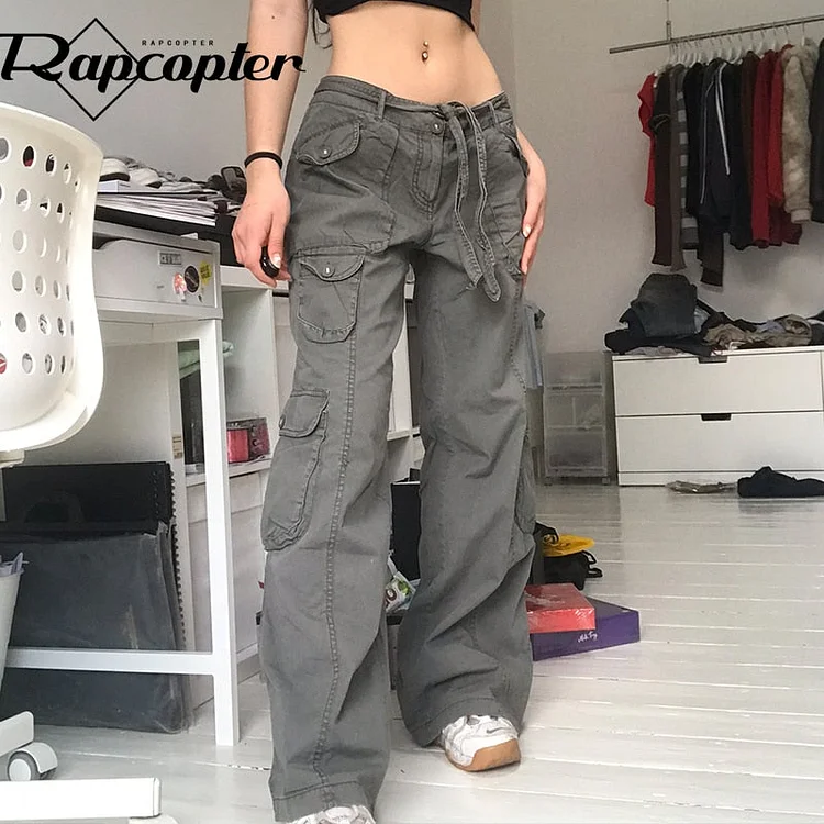 Rapcopter Green Cargo Jeans Big Pockets Vintage Trousers Low Waisted Grunge Fairycore Joggers Fashion Academic Sweatpants Women