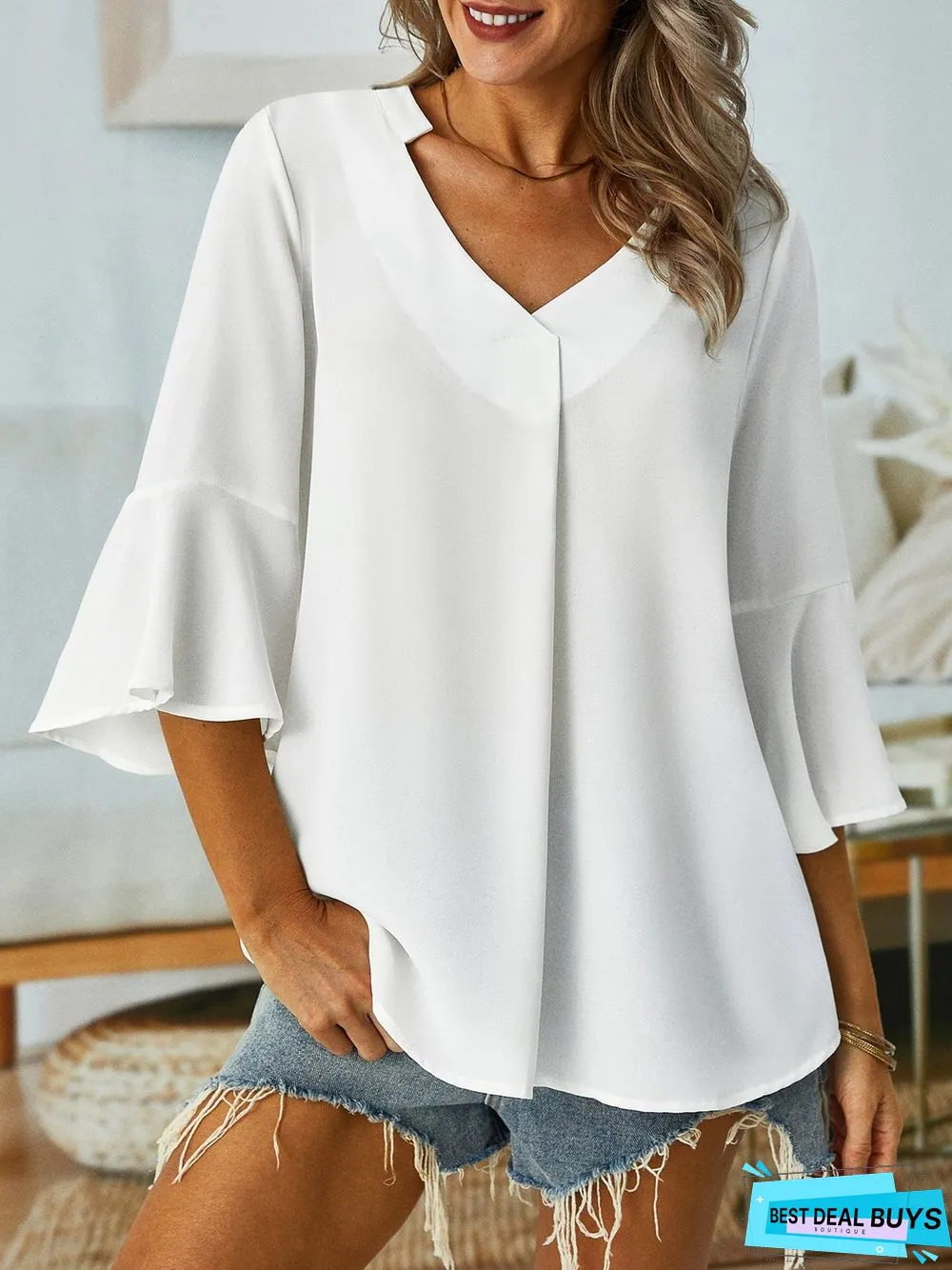 Plain Loosen V Neck Short Sleeve Tunic Top