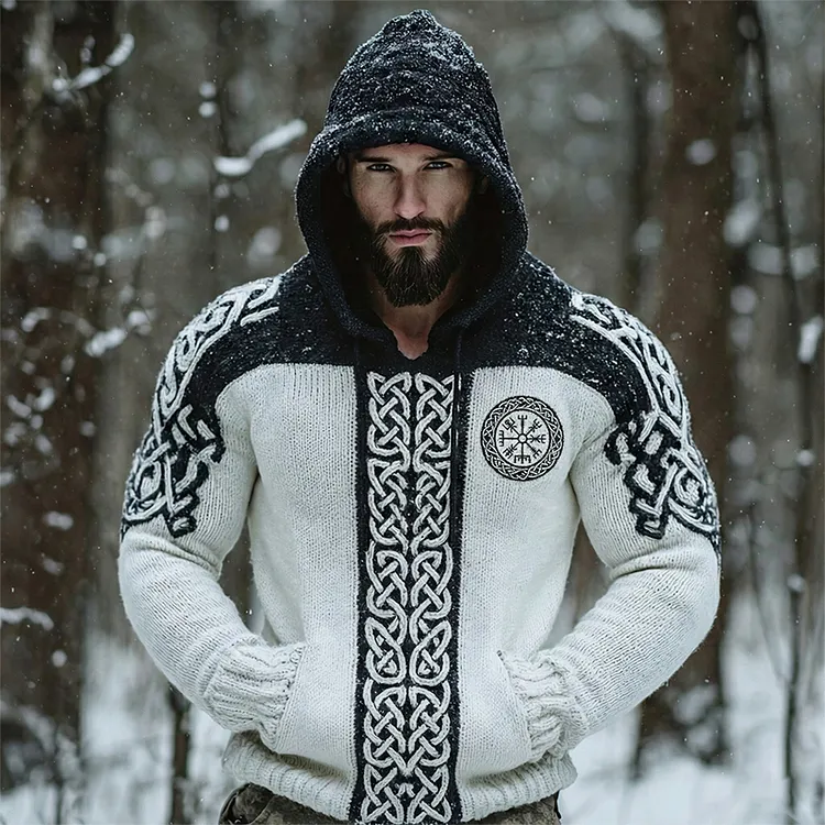 Men's Retro Viking Symbols Celtic Knot Pattern Hooded Knit Sweater