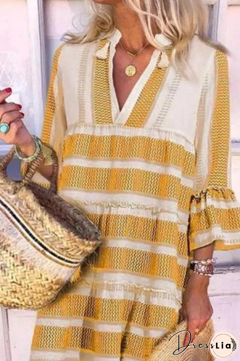 KarliDress Striped V-neck Puff Sleeve Mini Dress P12823