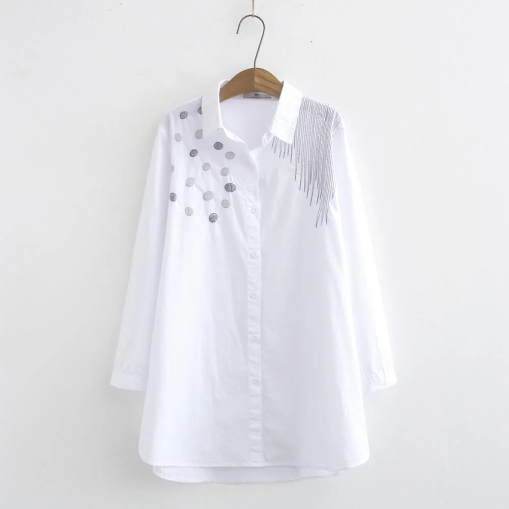 New Arrival Women Dot Embroidery Cotton White Shirt Turn Down Collar Long Sleeve Blouse Plus Size 4XL Tops Casual Feminina Blusa