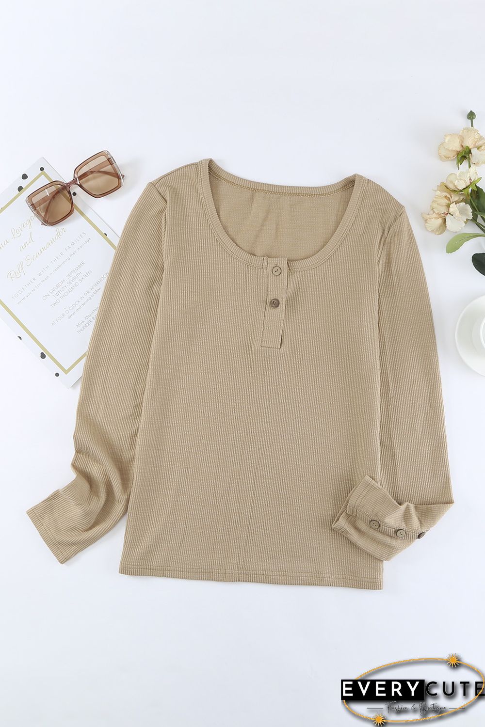 Khaki Crewneck Buttons Ribbed Knit Long Sleeve Top
