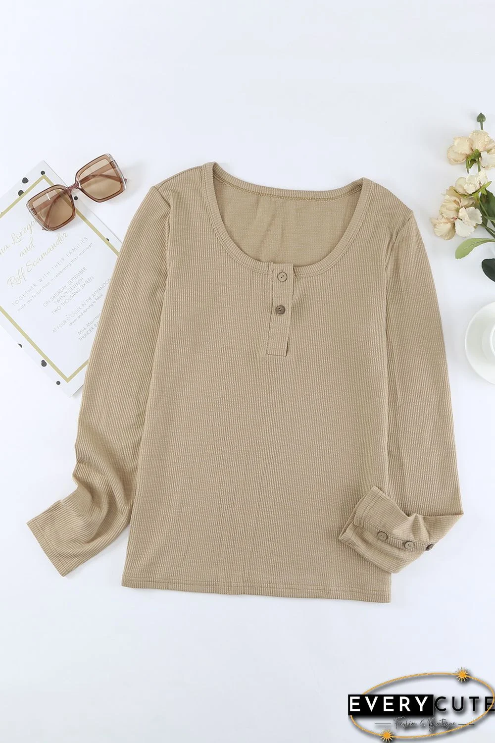 Khaki Crewneck Buttons Ribbed Knit Long Sleeve Top