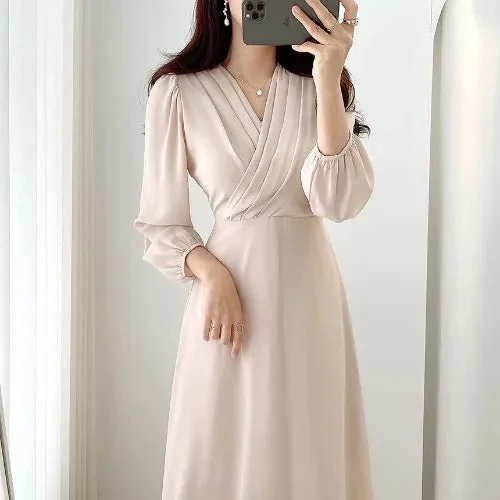 Tlbang V-Neck Women Chiffon Dress 2024 New Spring Long Sleeve Tea-Length Solid Color Dresses OL Female Robe Vestido