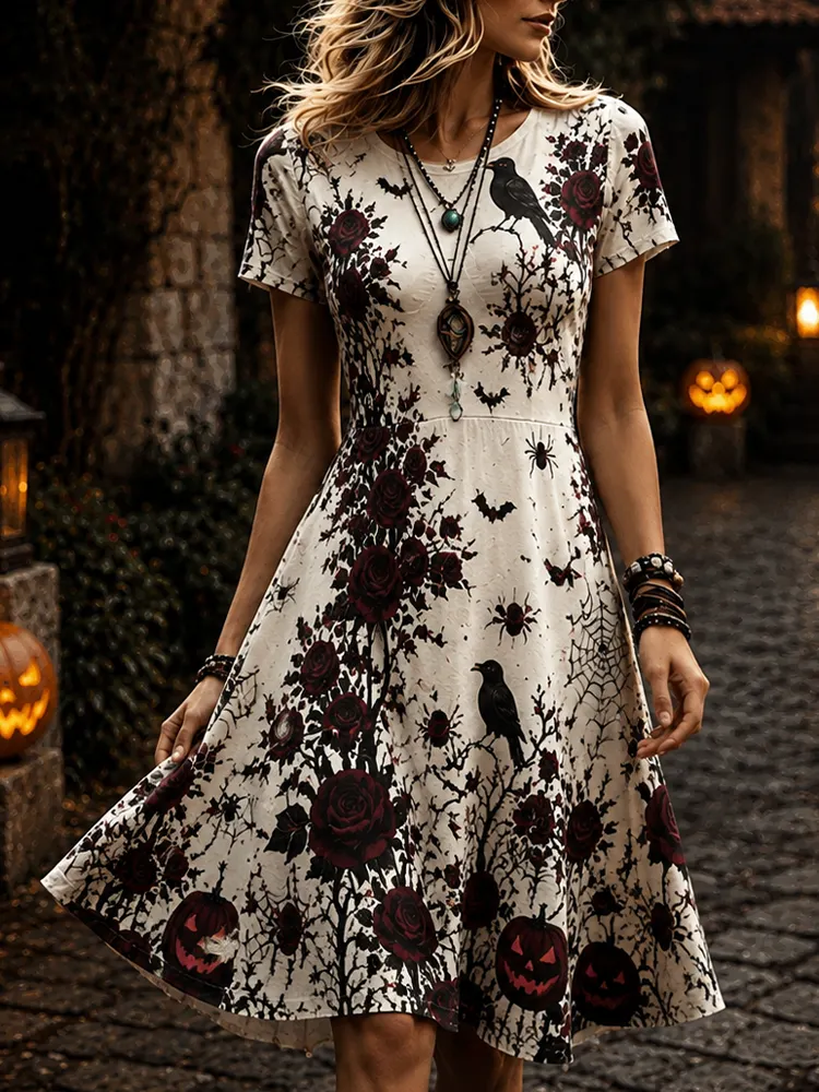 Women's Short Sleeve Crew Neck A-line Halloween Midi Dress With Dark Red Roses, Crows, Spiders, And Jack-o'-lanterns artswardrobe