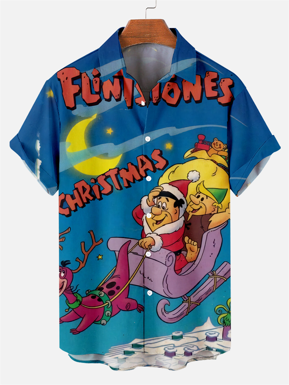 Men's Christmas Nostalgic Movie Flintstone Christmas Short Sleeve Shirt PLUSCLOTHESMAN