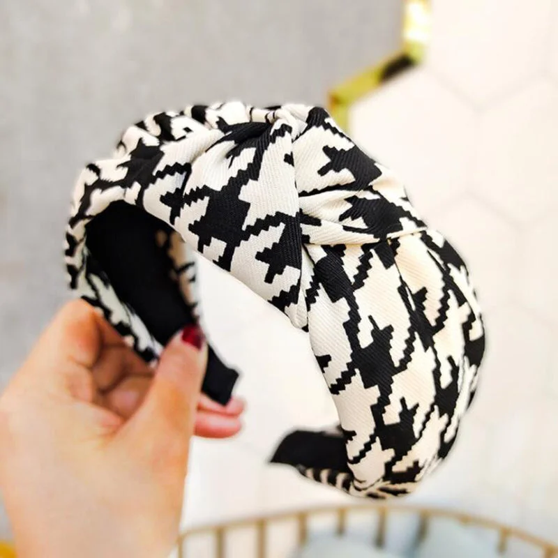 Classic Houndstooth Pattern Knotted Wide Hairbands