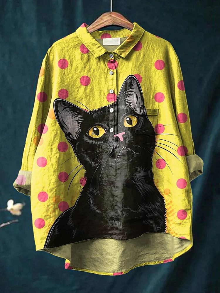Black Cat And Polka Dots Graphic Printed Women's Casual Cotton And Linen Shirt