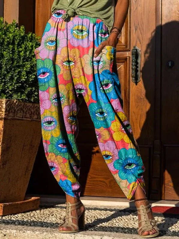 Women's Retro Eyes Floral Print Casual Pants