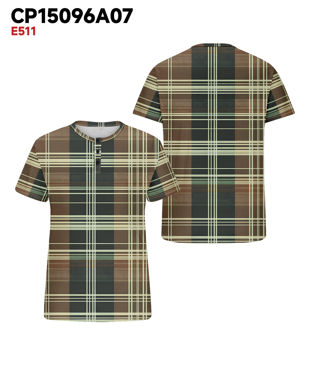 Men's Plus Size Casual Daily Green Plaid Print Henry Collar Button Short Sleeve T-Shirt