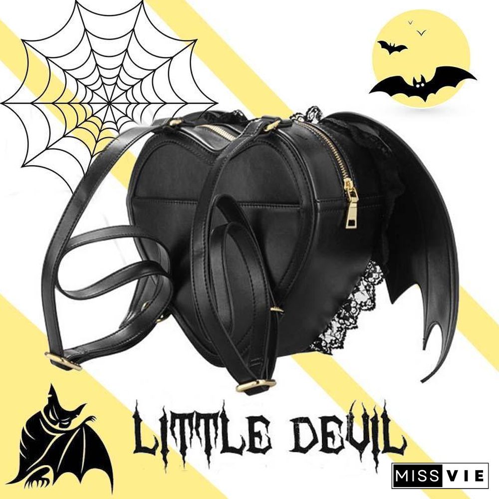 Love Heart Black Angel Devil Bat Wings Lace Backpack