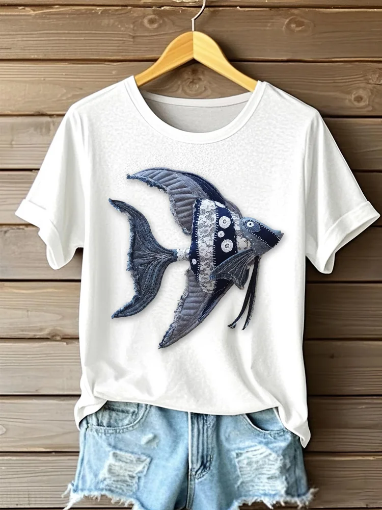 Utbros Women's Denim Lovely Fish Portrait Art Print Short Sleeve Casual T-shirt