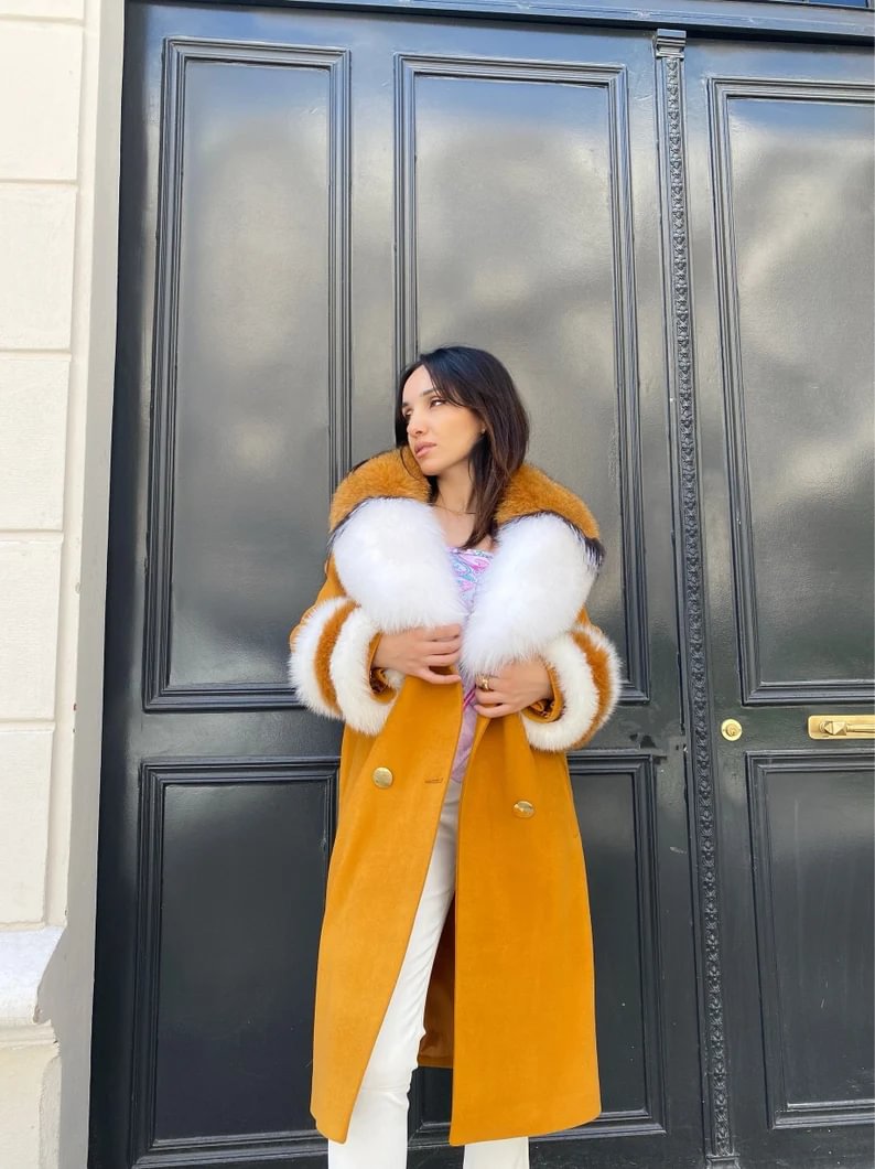 Stylish Wool coat, Cashmere winter coat with Real Fox and Argentina Fur, Removable furs coat,Mustard wool coat,warm coat, plus size coat 160