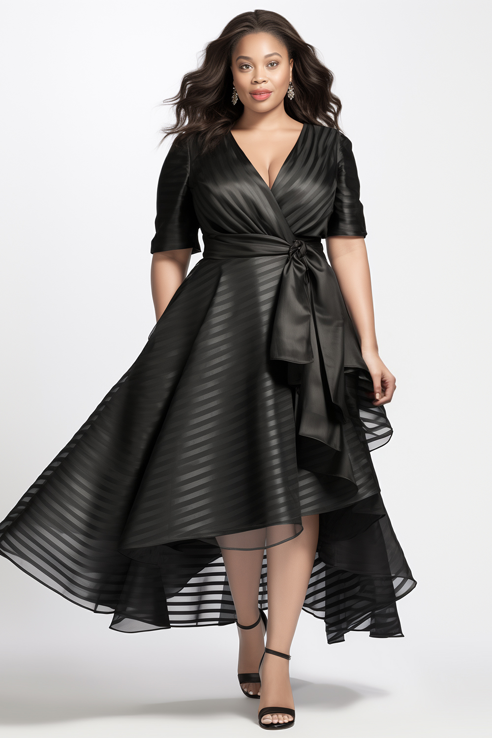 Flycurvy Plus Size Wedding Guest Black Striped Jacquard Wrap Lace-Up Irregular Hem Short Sleeve Maxi Dress