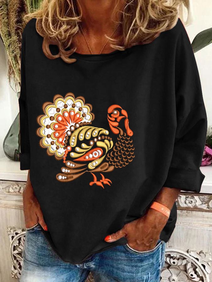 Women's Retro Turkey Thanksgiving Printed Crew Neck Sweatshirt