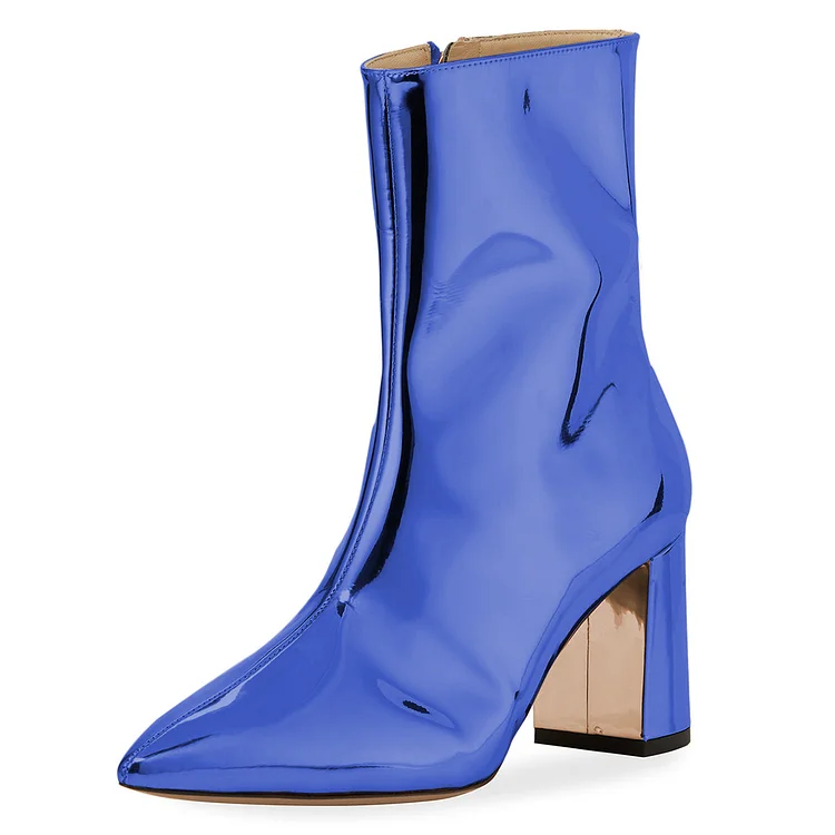 Blue Metallic Zip Pointy Toe Block Heels Ankle Boots |FSJ Shoes