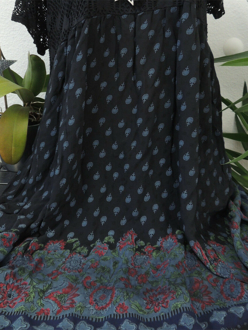 Women Short Sleeve Scoop Neck Floral Printed Lace Stitching Tops