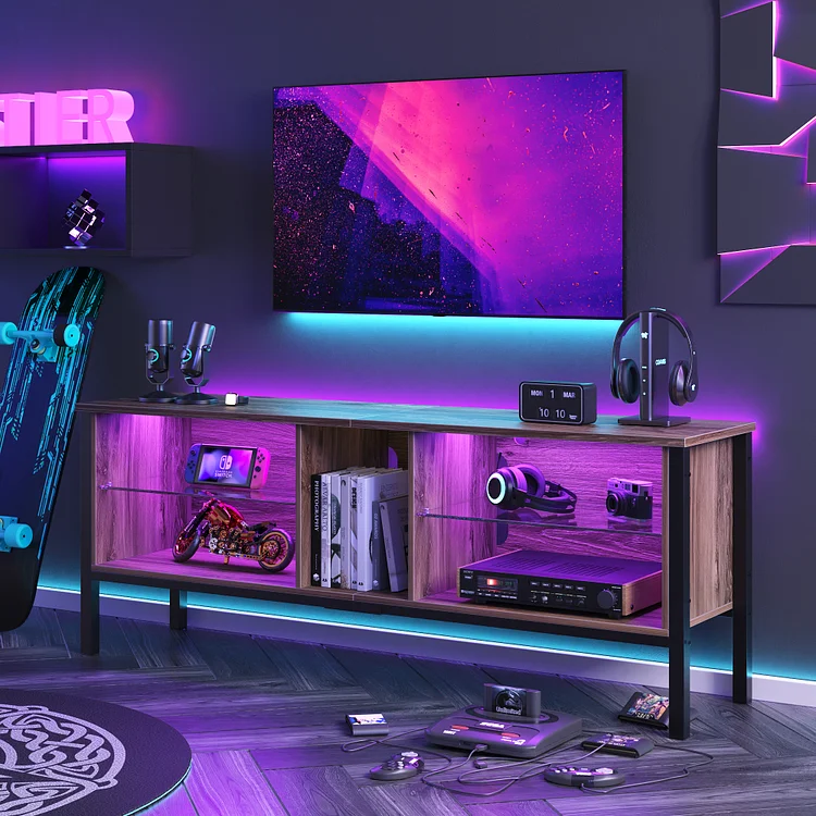 Bestier Modern TV Stand for TVs up to 70", Console Table with RGB LED Ligths & Open Storage, Pinewood