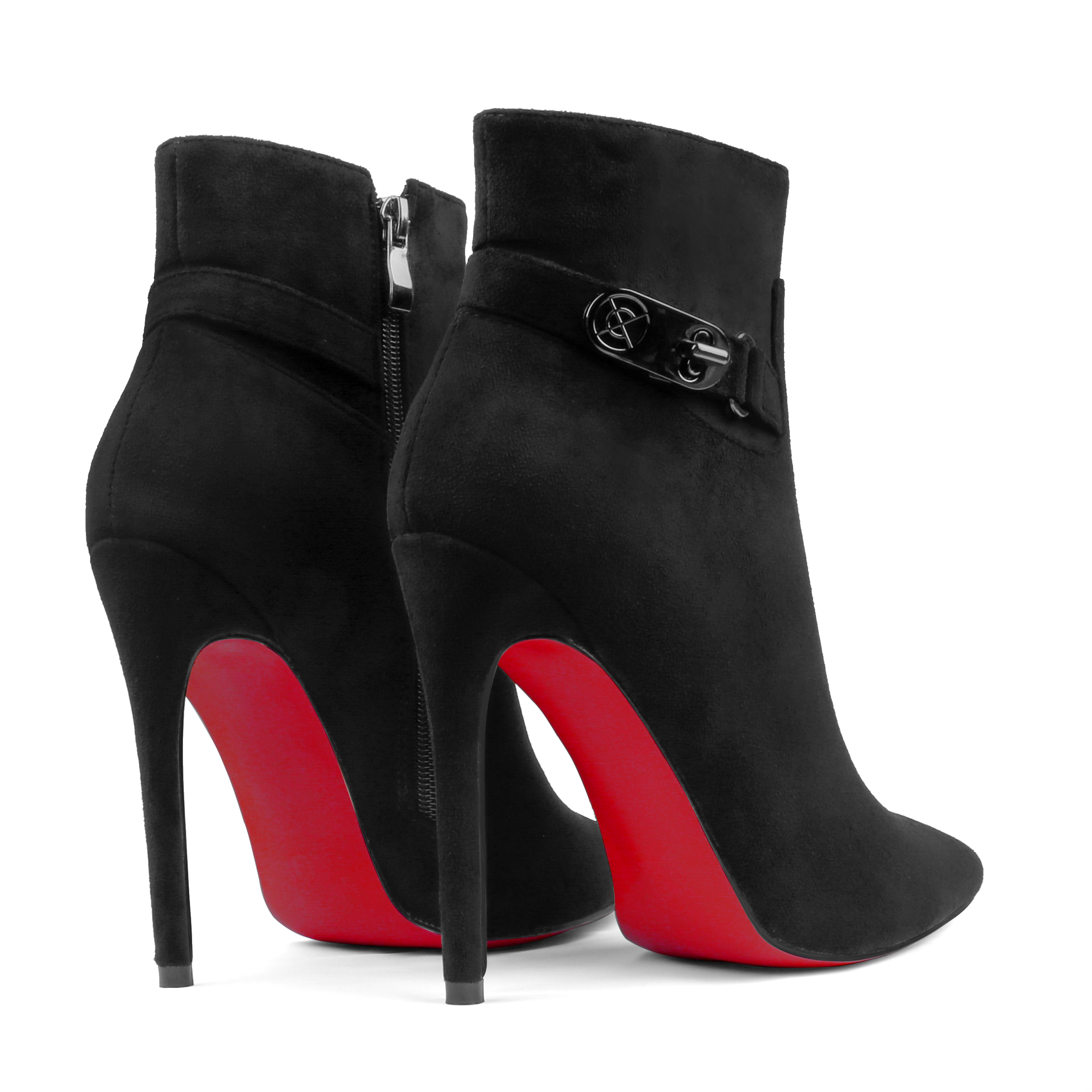 Women's Pointed Toe Suede Stiletto Ankle Boots Side Zipper Booties With Metal Buckle-vocosishoes