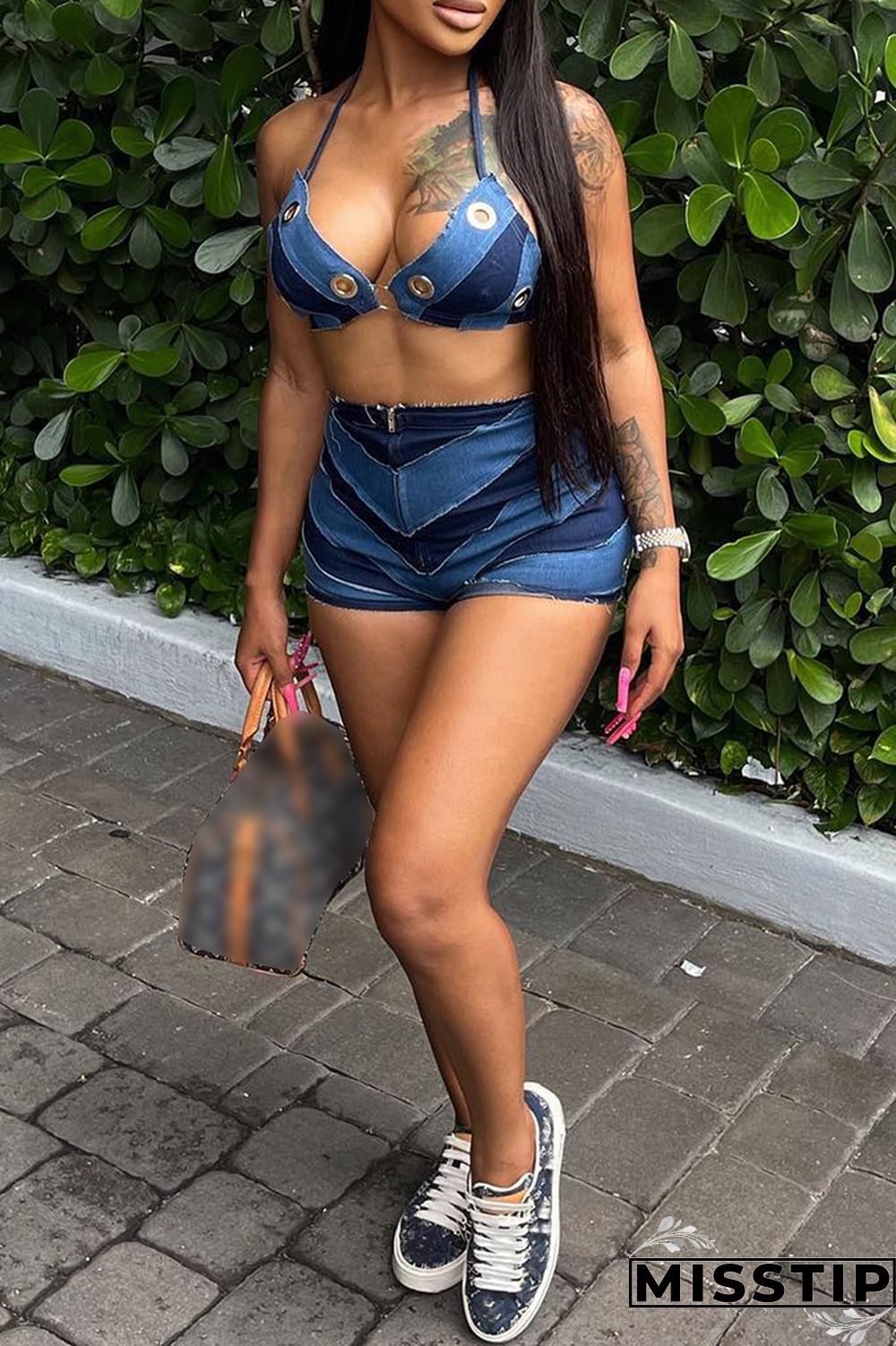 Blue Sexy Patchwork Bandage Hollowed Out Backless Contrast Halter Sleeveless Two Pieces