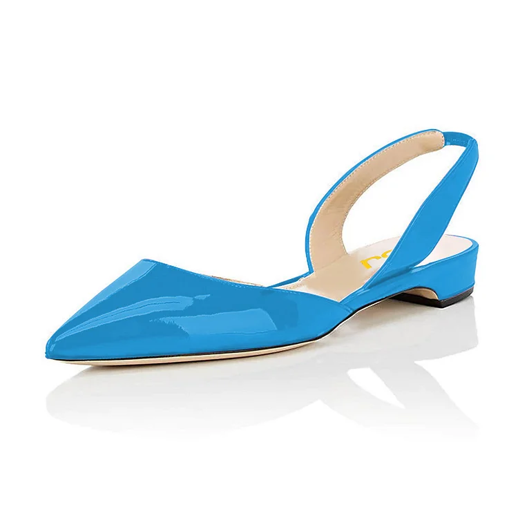 Blue Patent Leather Slingback Shoes Pointy Toe Comfortable Flats |FSJ Shoes
