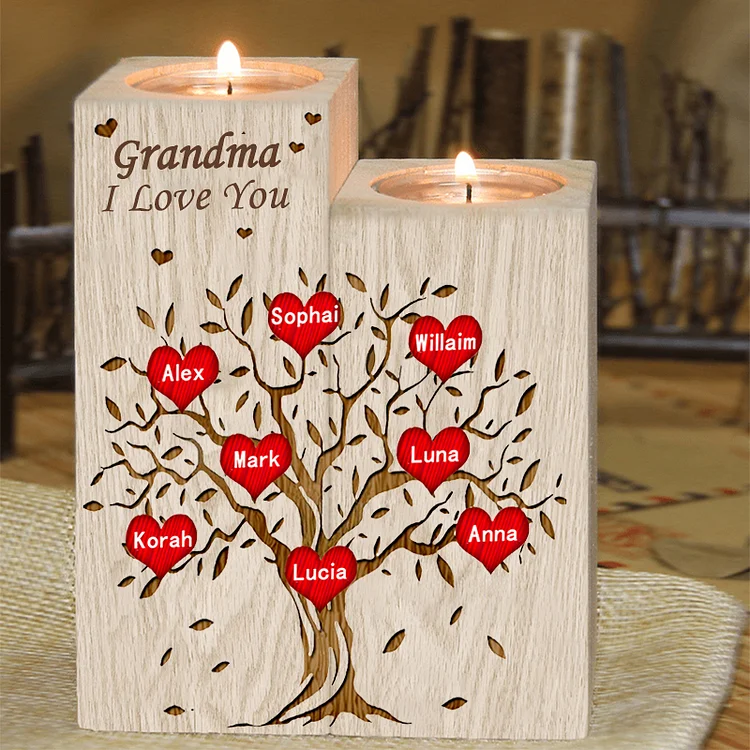 8 Names-Personalized Mum/Nan Family Tree Wooden Candle Holder, Custom Name And Text Family Candlestick for Mother/Grandma
