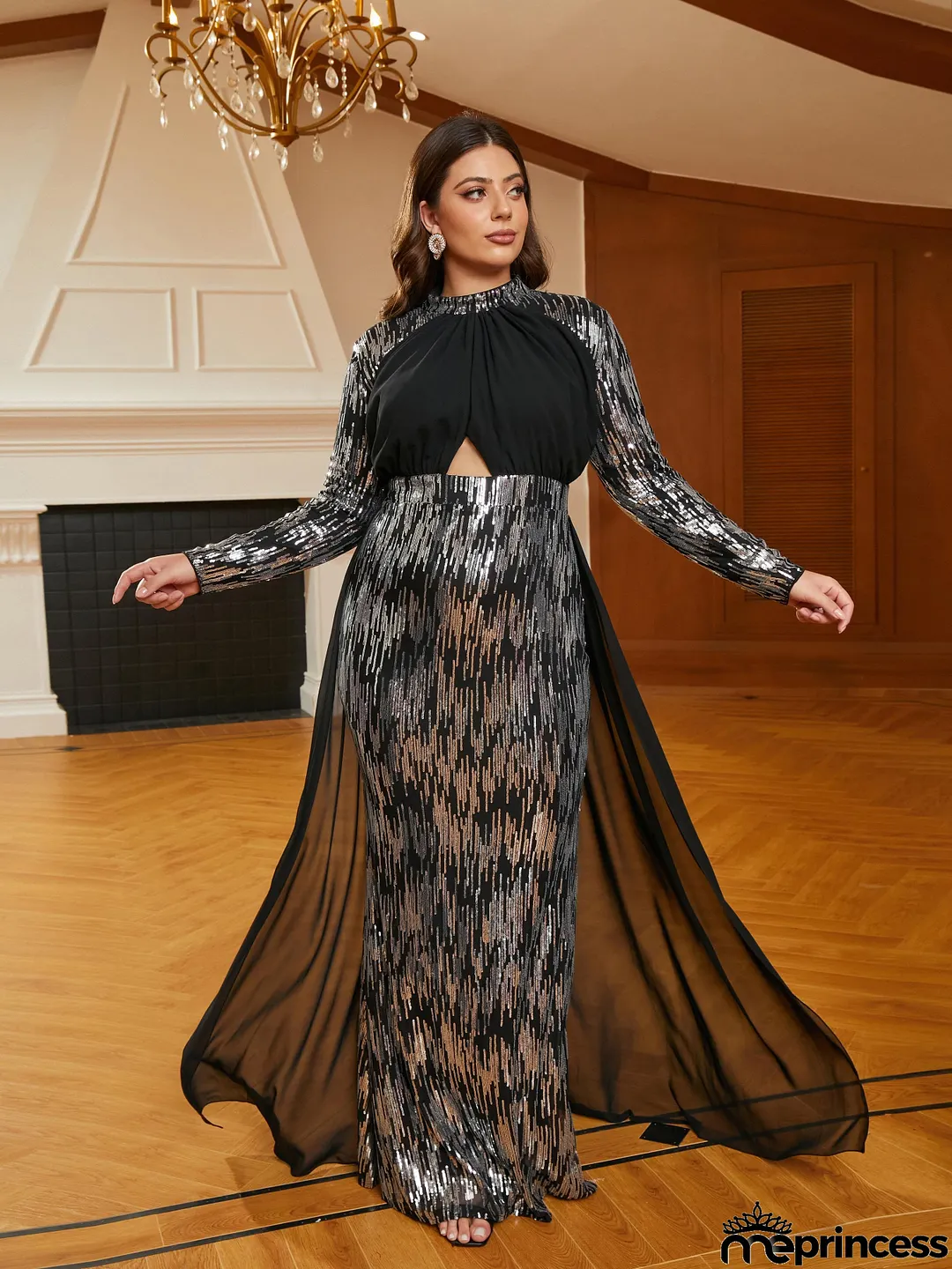 Plus Size Stand Collar Panel Cutout Sequin Black Prom Dress PRH30630