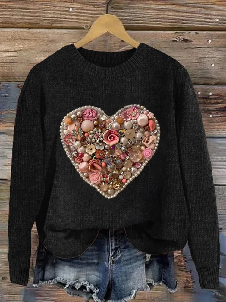 Comstylish Jewelry Art Heart Casual Cozy Knit Sweater