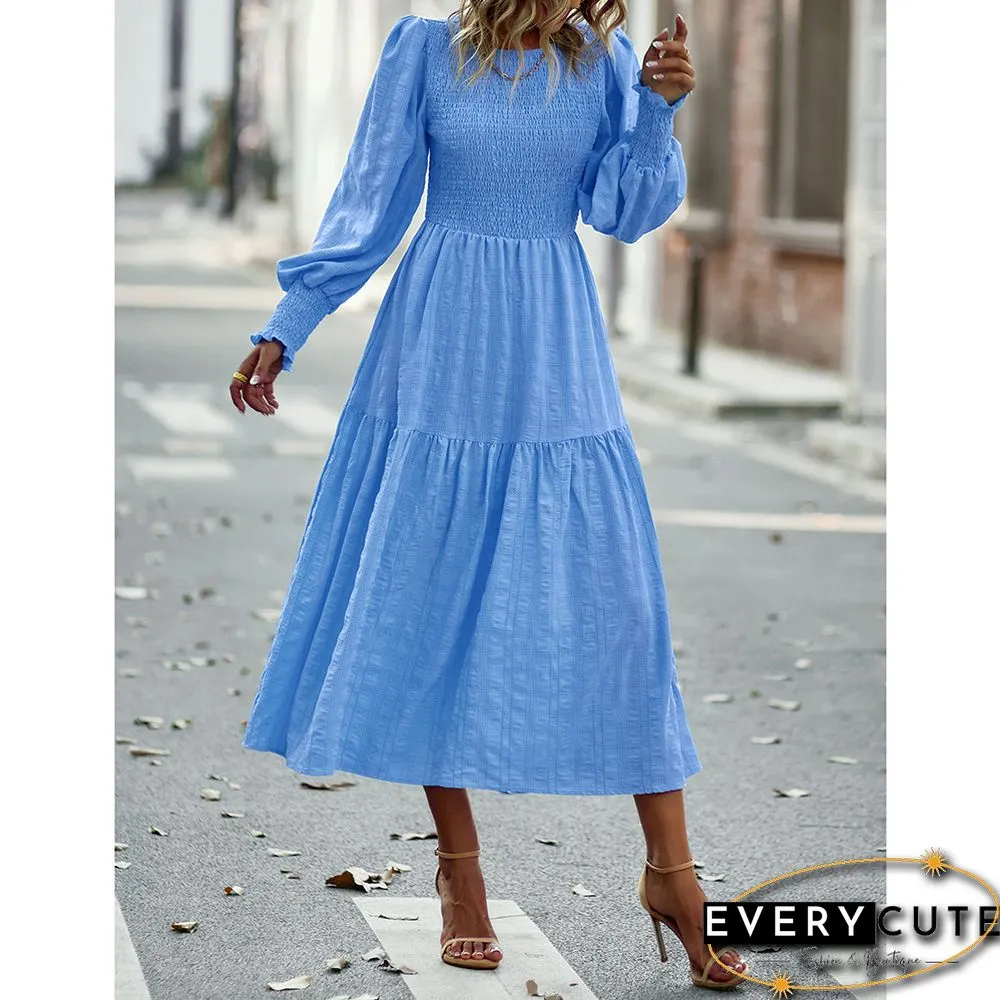Light Blue Puff Sleeve Pleated Swing Long Dress