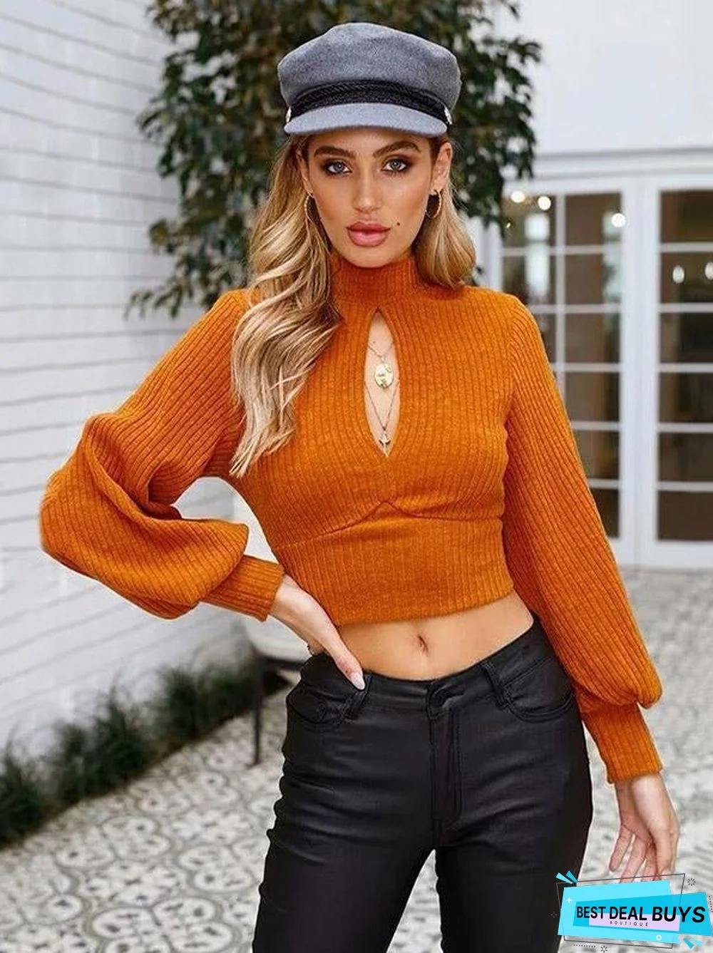 Hollow Backless Bowknot Puff Sleeves Sweater Tops