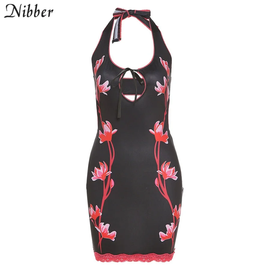 Nibber Sexy Clubwear Hollow Low Cut Mini Dress Women’s Black Lace Flower Print Mesh Backless Dress Party Clothing 2021 Summer