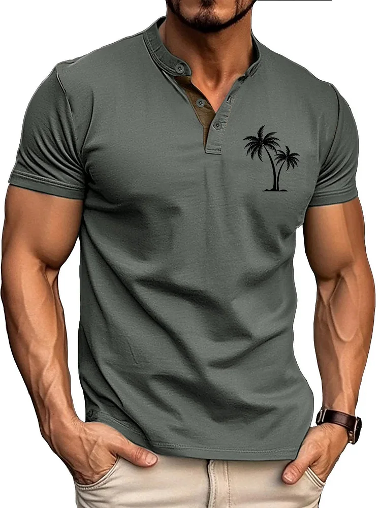 Men's Retro Basic Patchwork Coconut Print Short-sleeved Henley Shirt