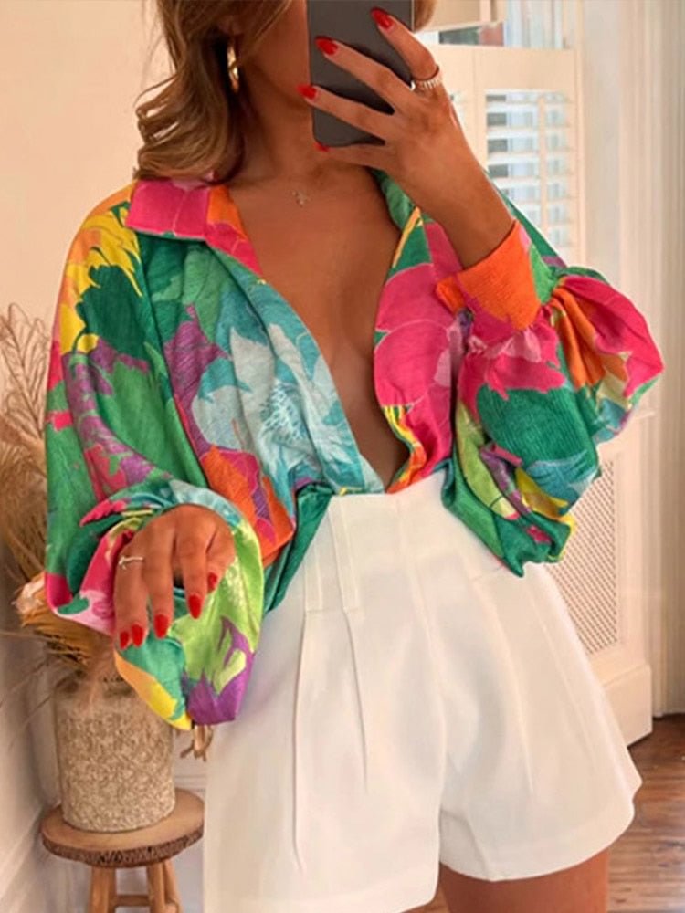 Women New Printed Lantern Long Sleeve Blouse 2022 Summer Fashion Casual Lapel Top Shirt Female Breathable Chiffon Cardigan