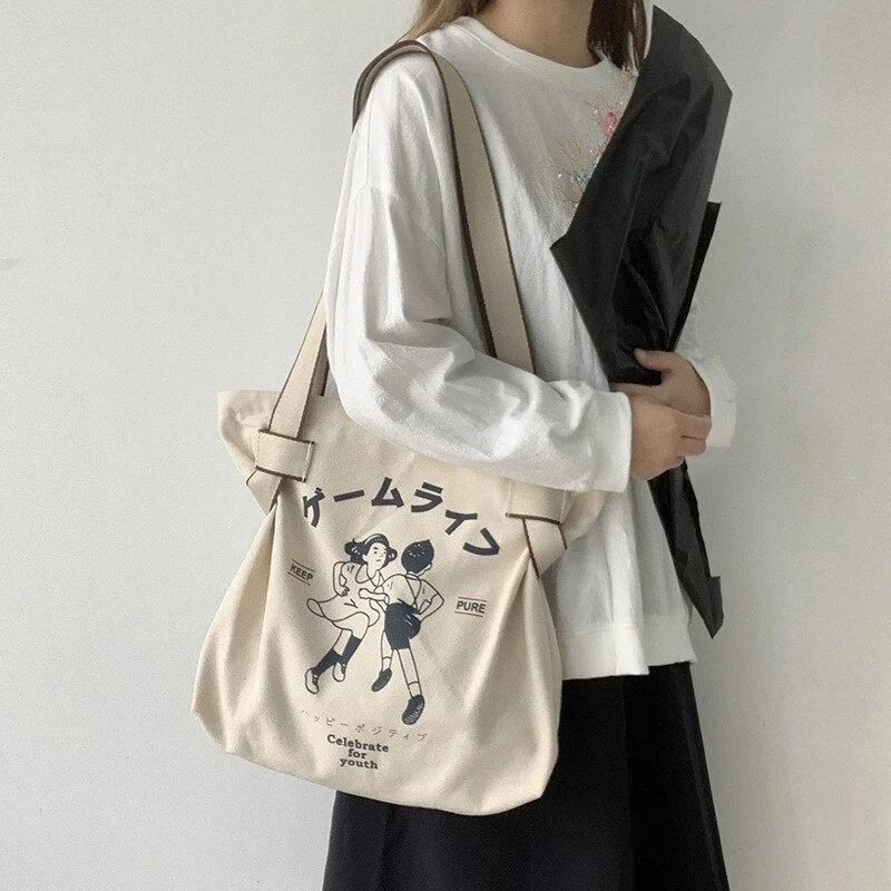 Canvas Tote Bag Women Shopper Bag 2021 Girl Shoulder Bags Fashion Japanese Style Retro Cartoon Anime Print Eco Designer Handbags