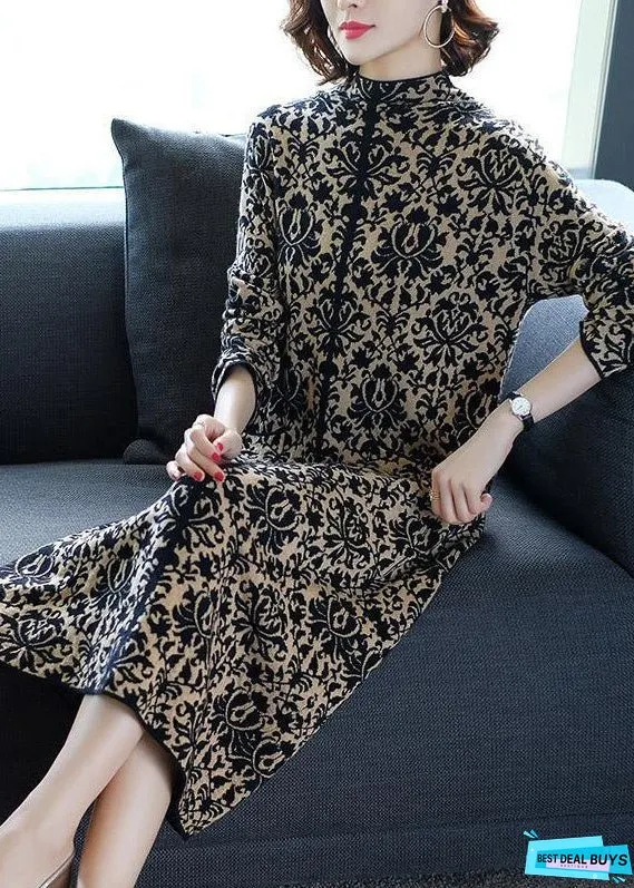 Slim Fit Navy Stand Collar Print Pockets Long Knit Dress Winter