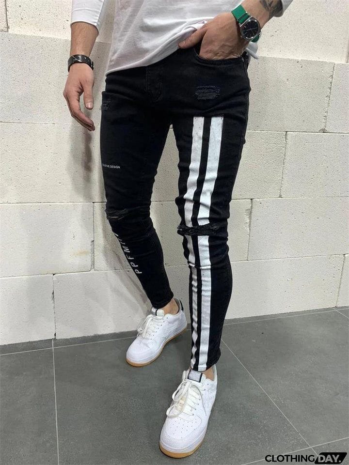 Men's Sport Slim Fit Print Ripped Jeans