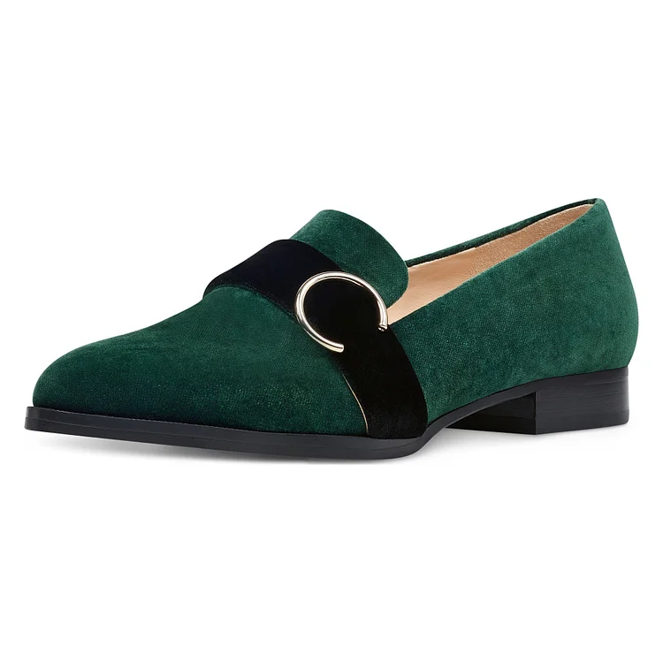 Green Almond Toe Buckled Flats Loafers for Women |FSJ Shoes