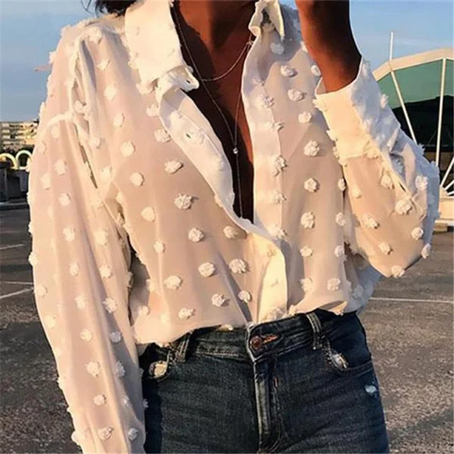 Long Sleeve Polka Dot Loose OL Ladies Chiffon Blouse