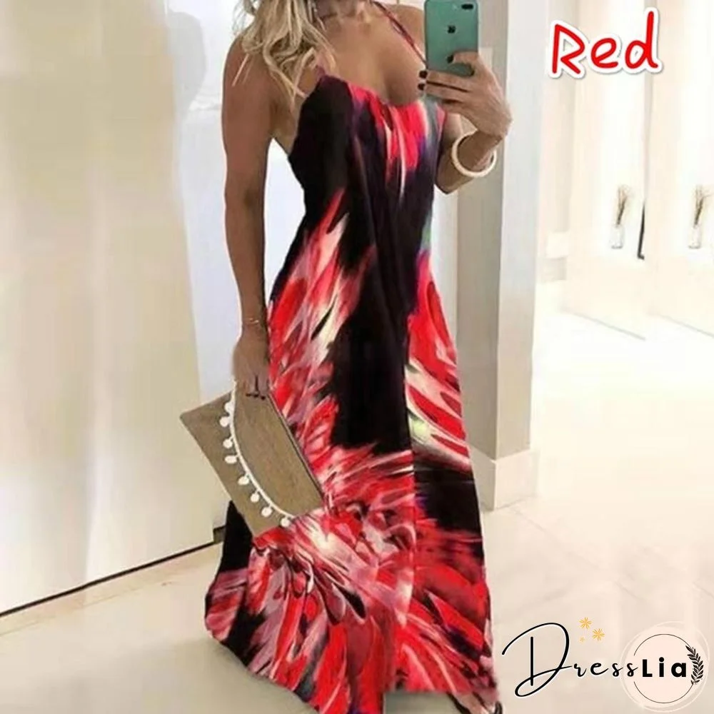 Plus Size Fashion Clothes Summer Dresses Women's Casual Sleeveless Halter Party Dress Ladies Deep V-neck Floral Printed Beach Wear Maxi Dress