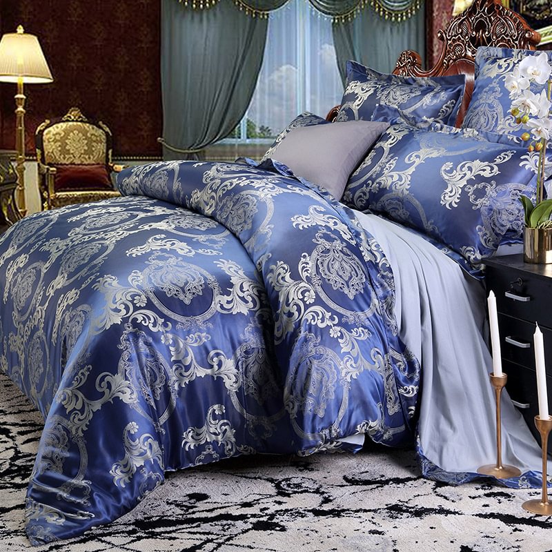 Blue Jacquard Royal Style Skinfriendly Smooth 4Piece Polyester Bedding Sets Luxury Silky Duvet