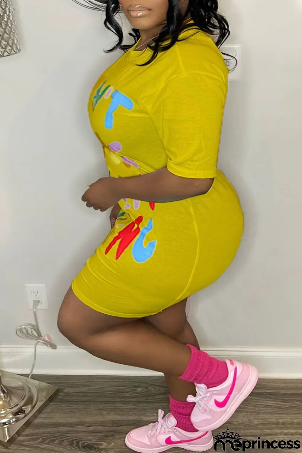 Grey Casual Print Patchwork O Neck Straight Plus Size Dresses